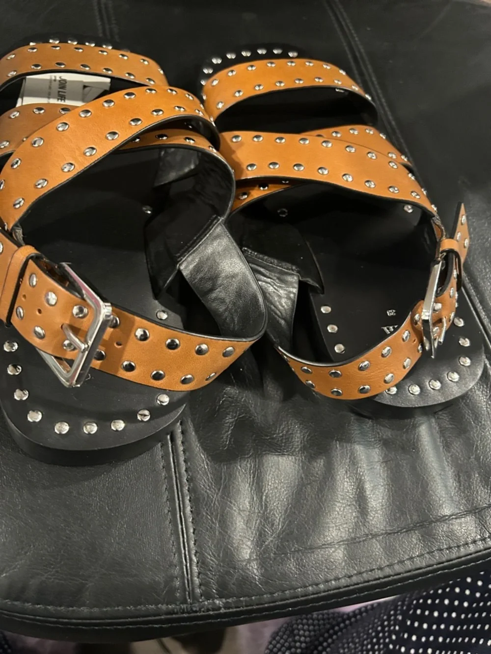 Zara Brown Sandals with Silver Stud Accents Black sole. NWT - Picture 5 of 9